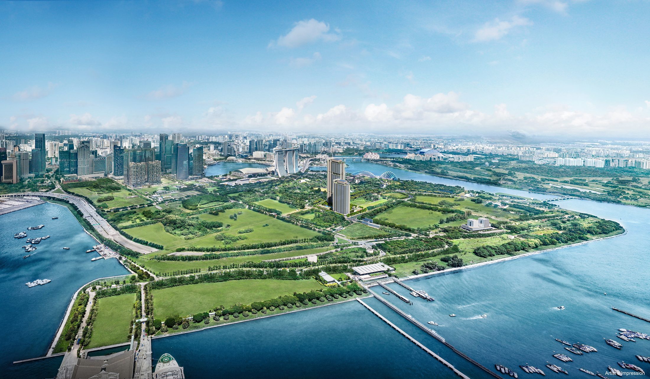 Aerial view of Marina South with One Marina Gardens beside Gardens by the Bay