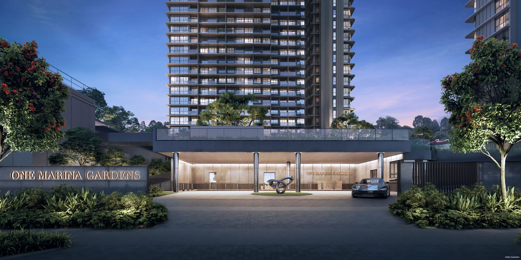 Arrival court of One Marina Gardens with the project name on the entrance wall