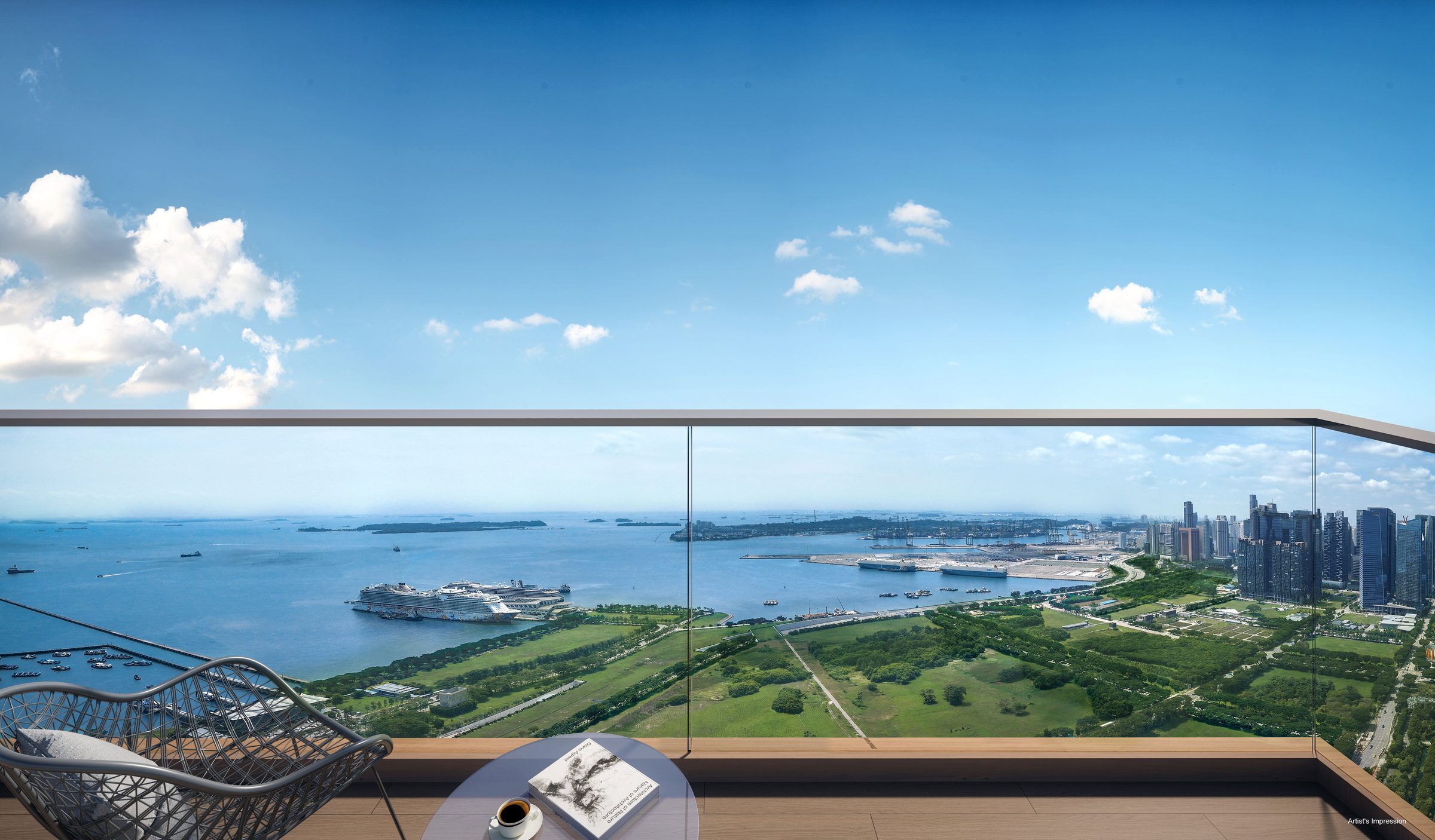 View from a balcony over Gardens by the Bay towards the sea