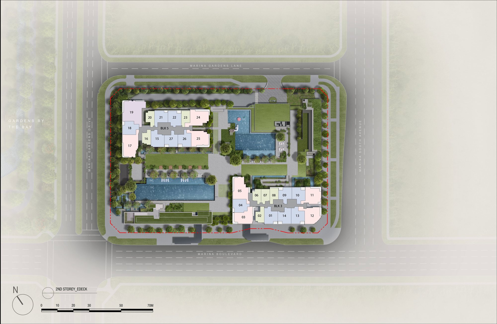 Site plan of One Marina Gardens showing both towers, the landscape deck and pools