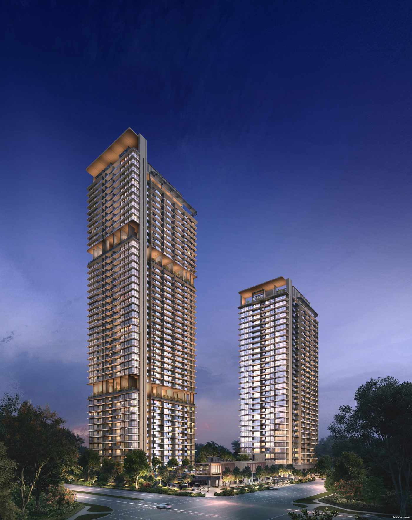 The two towers of One Marina Gardens at dusk