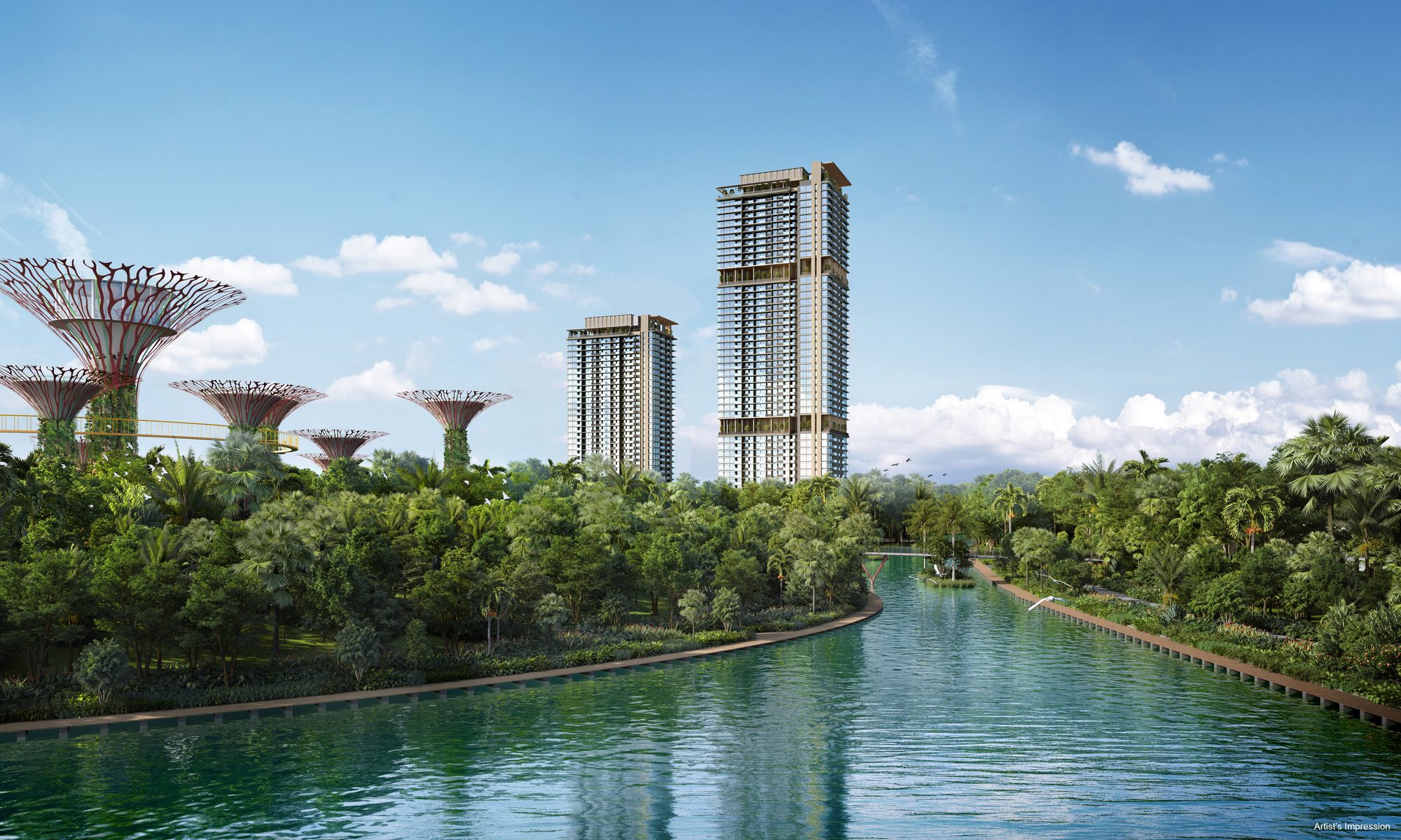 One Marina Gardens rising behind the Supertree Grove at Gardens by the Bay